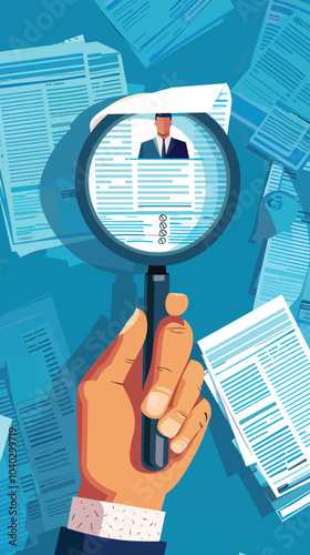vector Magnifying Glass Over Resumes, Searching for the Best Candidate, Best Job Candidate 