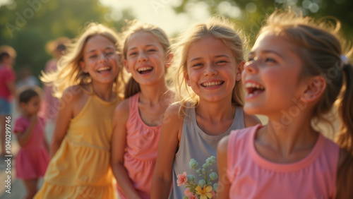 Laughter and Friendship: A Group of Joyful Young Girls Enjoying Playtime in a Colorful Outdoor Setting