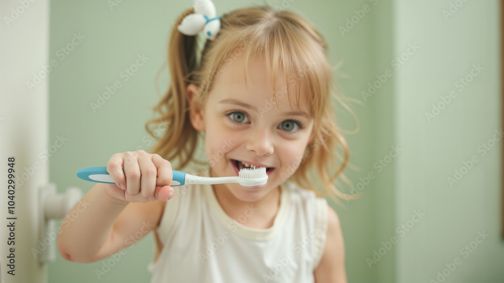 A Whimsical Scene of a Little Girl Brushing Her Teeth with an Oversized Disc as Toothpaste A Whimsical Scene of a Little Girl Brushing Her Teeth with an Oversized Disc as Toothpaste