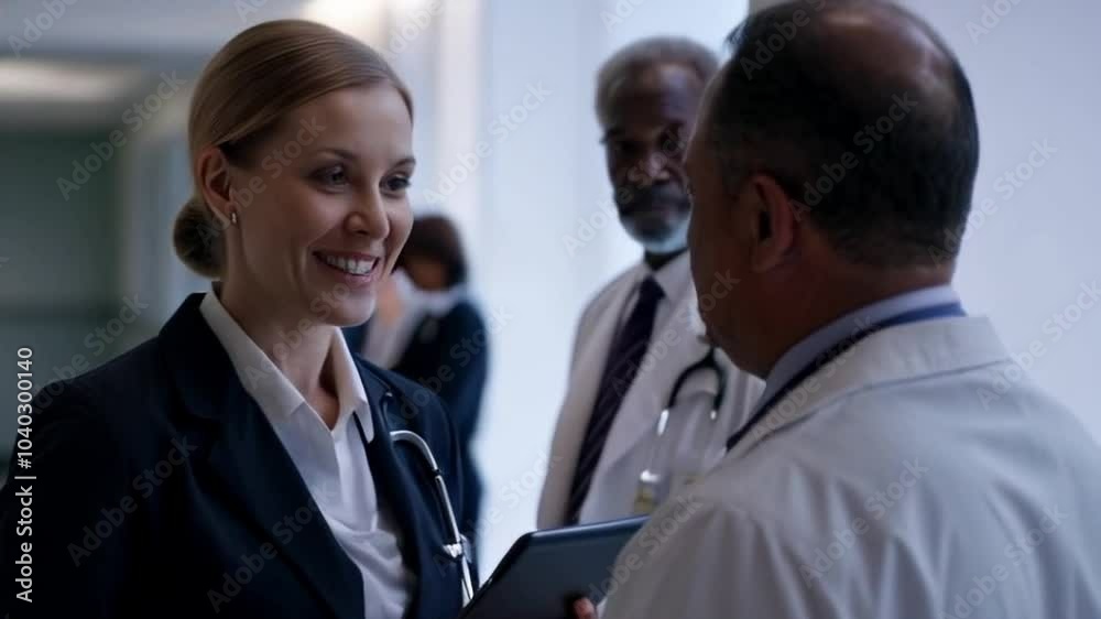 young pharmaceutical sales rep engaging with doctor or confident representative discussing medication in hospital young pharmaceutical sales rep engaging with doctor or confident representative discussing medication in hospital