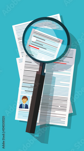 vector Magnifying Glass Over Resumes, Searching for the Best Candidate, Best Job Candidate 