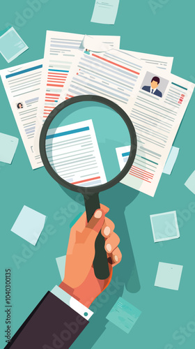 vector Magnifying Glass Over Resumes, Searching for the Best Candidate, Best Job Candidate 