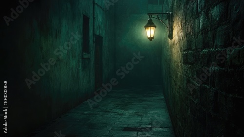 Dimly lit narrow alleyway at night with glowing streetlamp, casting eerie shadows on damp walls