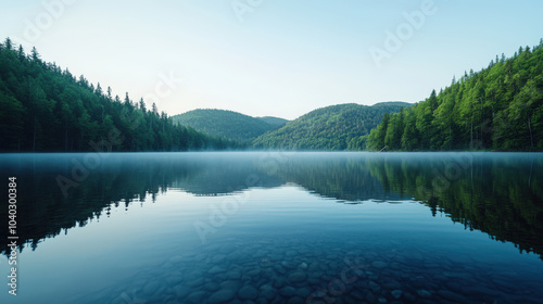 tranquil lake at dawn, surrounded by lush green forests and mist hovering over water, creates serene atmosphere. calm reflections enhance peaceful scenery