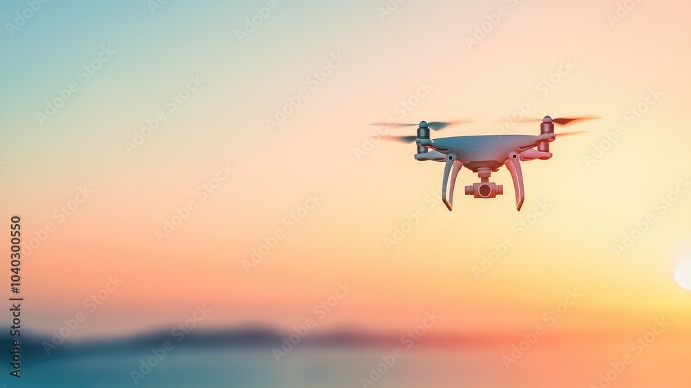 Aerial drone hovering at sunset with colorful sky Aerial drone hovering at sunset with colorful sky
