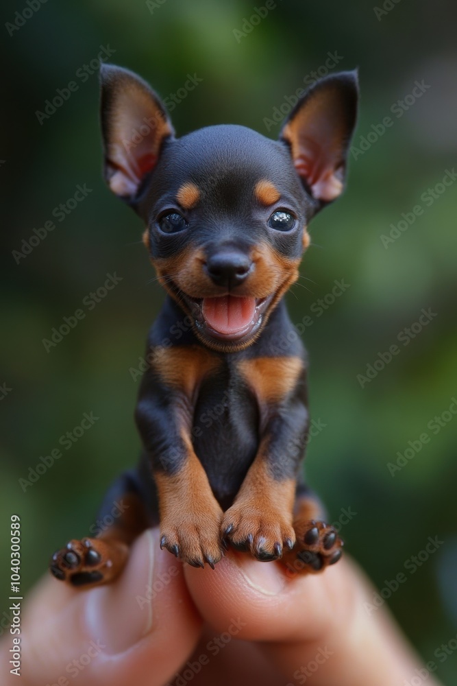 Cute Miniature Dog: A joyful puppy with black and tan fur, smiling while held gently; ideal for pet-related marketing and social media. Cute Miniature Dog: A joyful puppy with black and tan fur, smiling while held gently; ideal for pet-related marketing and social media.