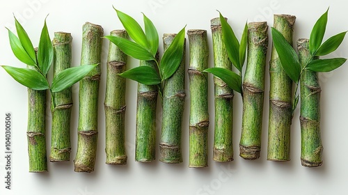 bamboo and bamboo leaves are laid out neatly on a white wall as a decoration photo