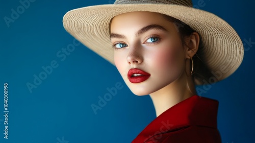 Chic Model in Stylish Hat Against Vibrant Blue Background, Fashion-forward look, modern aesthetic, bold color contrast, expressive pose, striking visual appeal, contemporary style