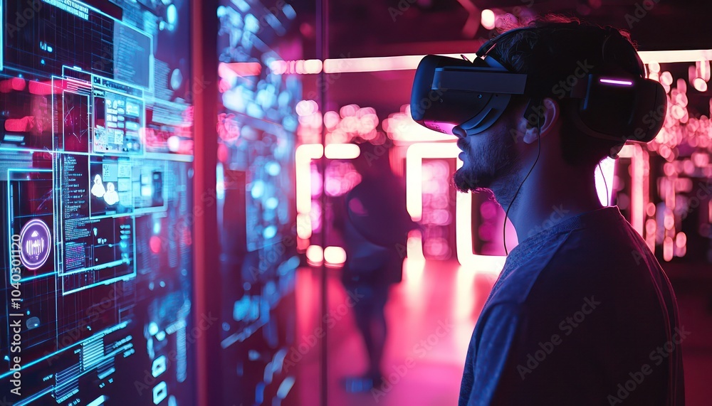 A user fully immersed in an augmented reality environment, wearing a VR headset and interacting with a blend of digital and real-world elements, showcasing the future of immersive technology.