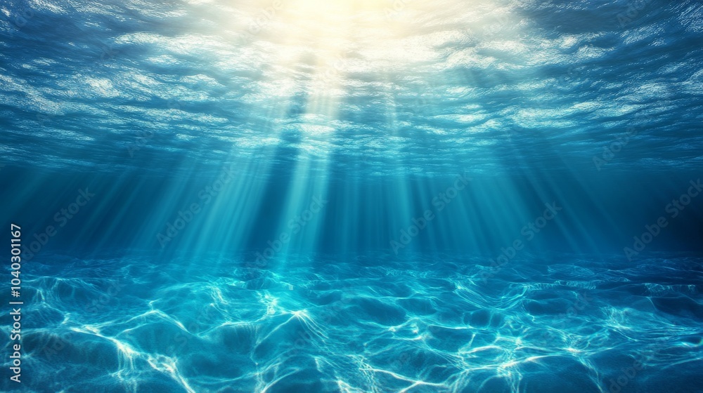 Sunlight shining through ocean surface creating beautiful light rays underwater Sunlight shining through ocean surface creating beautiful light rays underwater