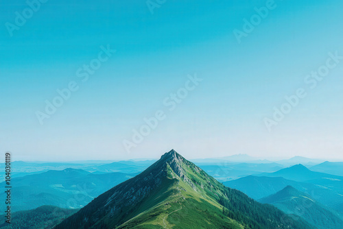 stunning mountain range under clear blue sky, showcasing prominent peak surrounded by lush greenery and rolling hills. serene landscape evokes sense of tranquility and adventure