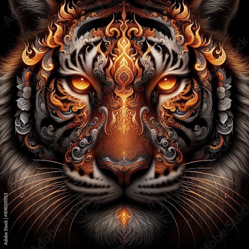 Ultra-Realistic 8K Digital Illustration of a Fierce Tiger with Intricate Thai Art Motifs: Majestic, Fiery Patterns, Symmetrical Ornaments, and Mystical Elements in Vibrant Colors