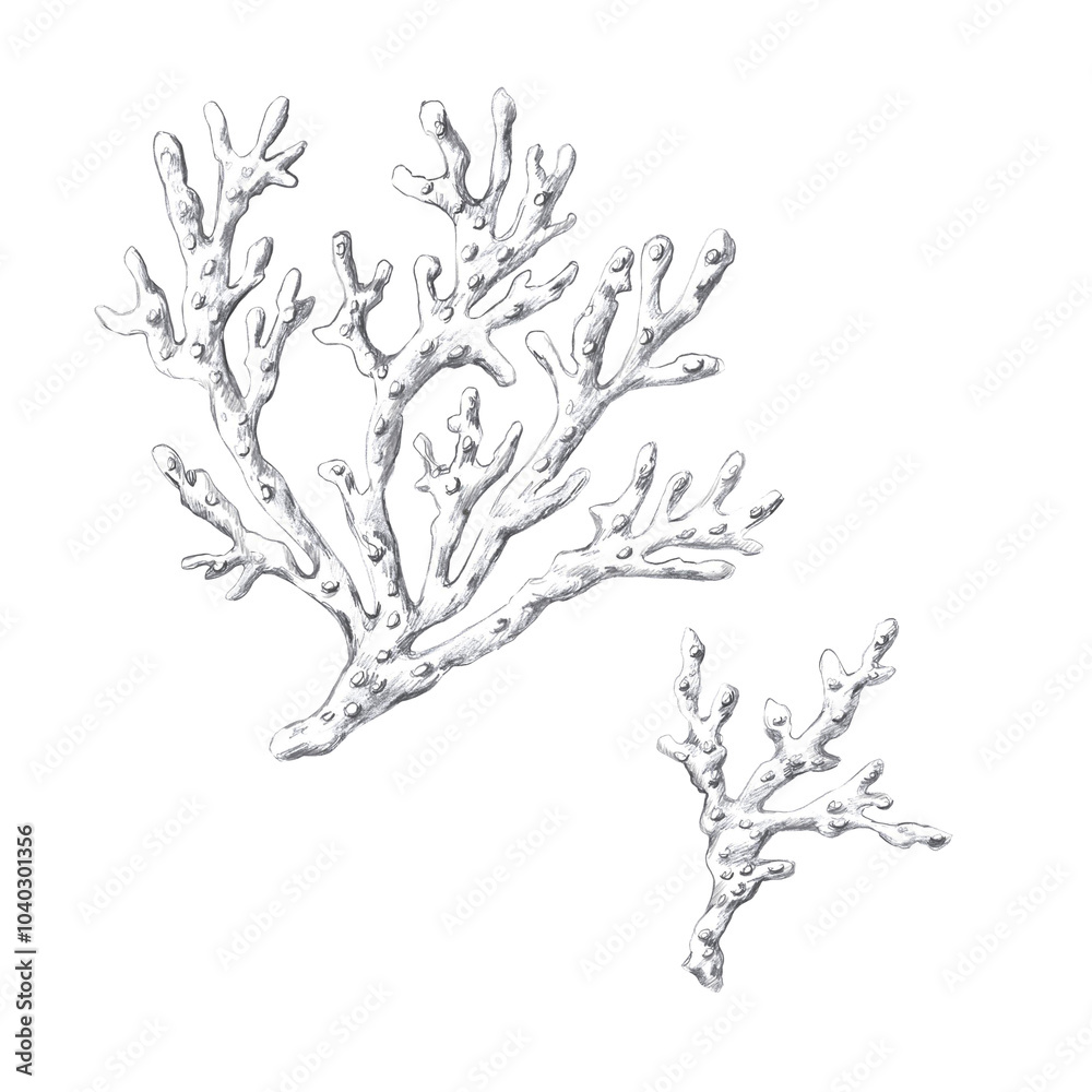 Corals, hand drawn pencil drawing. Isolated illustration in realistic style for fish restaurant design, menu, textile, posters Corals, hand drawn pencil drawing. Isolated illustration in realistic style for fish restaurant design, menu, textile, posters