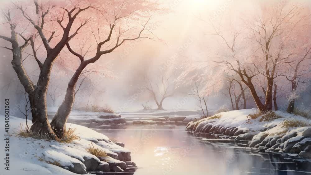 Tranquil winter scene with a winding river flowing through a snowy landscape. The trees are bare, but the branches are covered in a light dusting of snow. Tranquil winter scene with a winding river flowing through a snowy landscape. The trees are bare, but the branches are covered in a light dusting of snow.