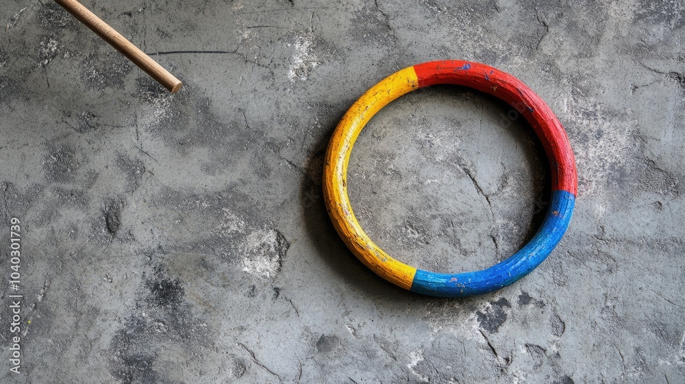 Wooden ring on textured surface, featuring blue, red, and yellow colors Wooden ring on textured surface, featuring blue, red, and yellow colors