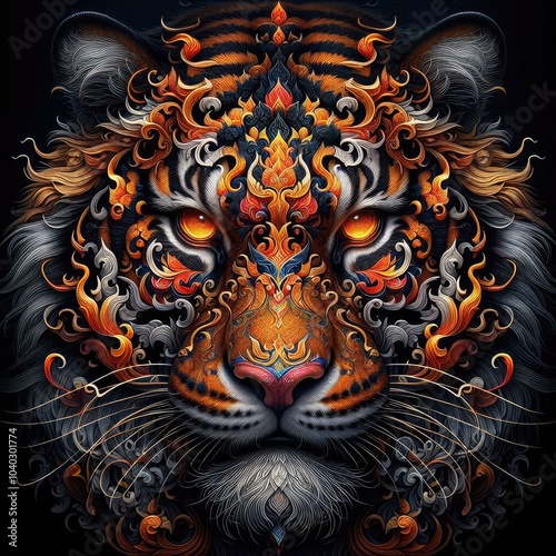 Ultra-Realistic 8K Digital Illustration of a Fierce Tiger with Intricate Thai Art Motifs: Majestic, Fiery Patterns, Symmetrical Ornaments, and Mystical Elements in Vibrant Colors