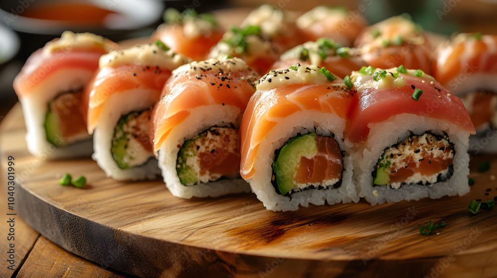A photo of Japanese sushi rolls, with fresh salmon, tuna, and avocado, served on a wooden platter, shot with a telephoto lens A photo of Japanese sushi rolls, with fresh salmon, tuna, and avocado, served on a wooden platter, shot with a telephoto lens