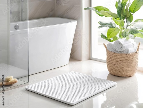 Waffle-textured rectangular bath mat in soft grey, beside a glass shower door, modern chic photo