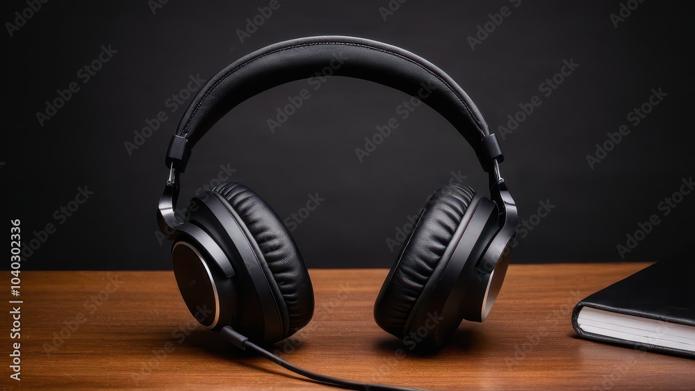 Sleek black headphones rest on a wooden desk beside a notebook, set against a dark background, capturing a modern and minimalist aesthetic. Sleek black headphones rest on a wooden desk beside a notebook, set against a dark background, capturing a modern and minimalist aesthetic.