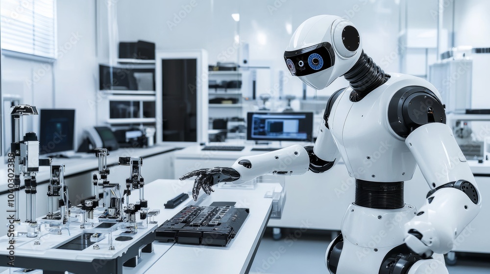 A robotic assistant managing automated quality inspection of luxury electronic gadgets in a clean, sophisticated electronics lab, modern and organized environment with a focus on luxury electronics A robotic assistant managing automated quality inspection of luxury electronic gadgets in a clean, sophisticated electronics lab, modern and organized environment with a focus on luxury electronics