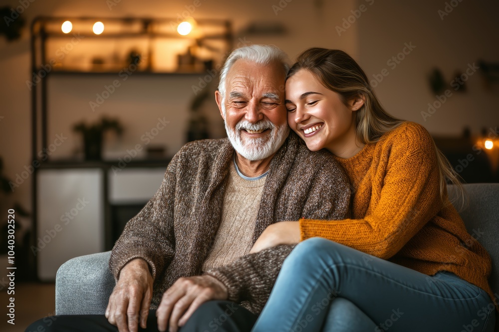 Warm and cozy interaction between senior man and young caregiver in minimalistic living room setting Warm and cozy interaction between senior man and young caregiver in minimalistic living room setting