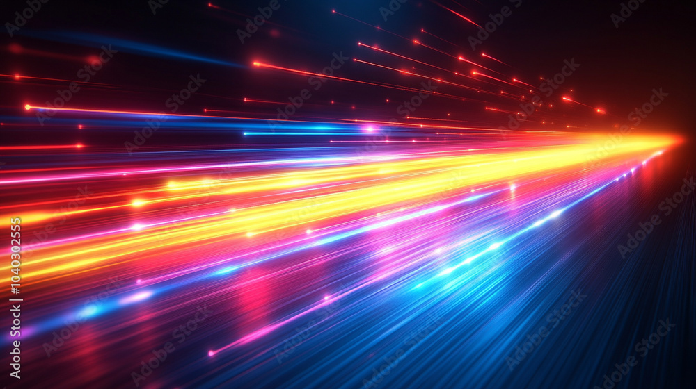 blue and yellow neon lights in fast motion, creating an abstract, futuristic effect that symbolizes speed, energy, innovation, and dynamic transformation