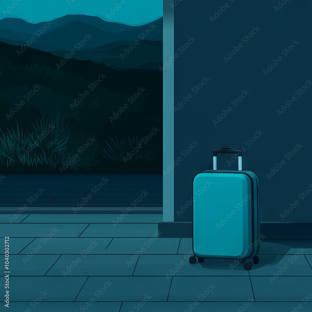 A teal suitcase stands alone in a dimly lit room with a scenic view. A teal suitcase stands alone in a dimly lit room with a scenic view.