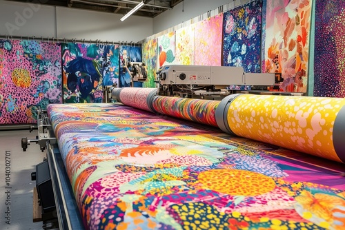 A vibrant digital fabric printing setup with colorful designs showcasing the intersection of creativity and textile technology.