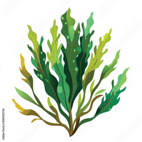 Watercolor Sea Kelp and Lush Green Marine Plant Illustration on a White Background