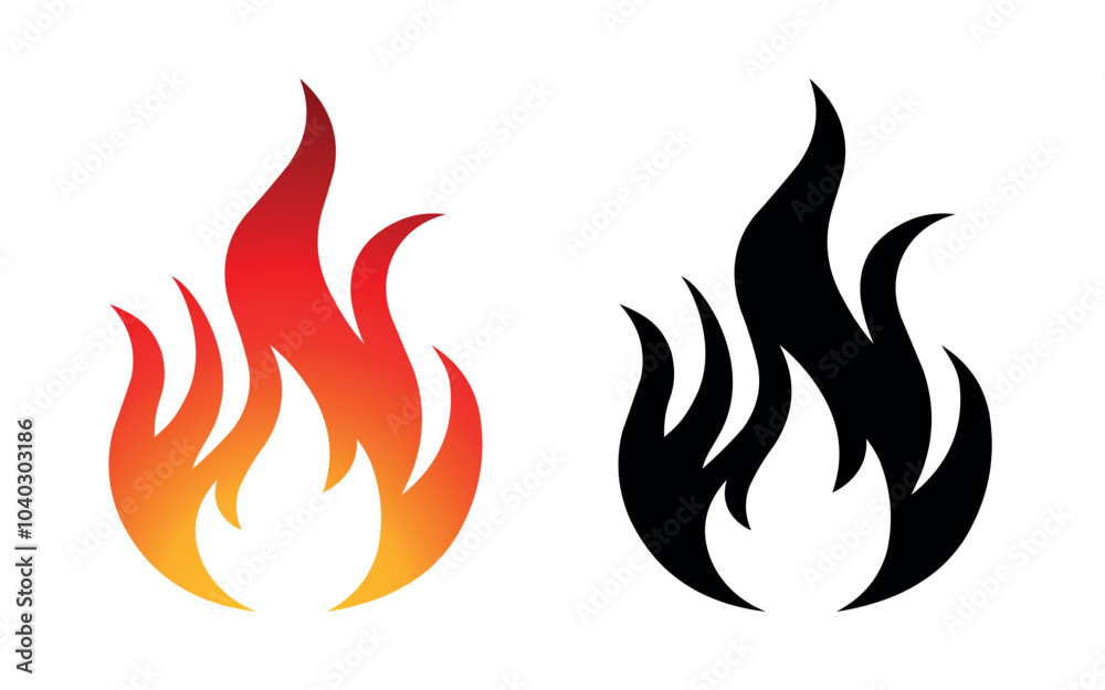 Fire flame icon and logo template silhouette shape vector art isolated on white background