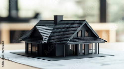 Minature Model of new house with black tiled pitched roof on architecture blueprint plan close up