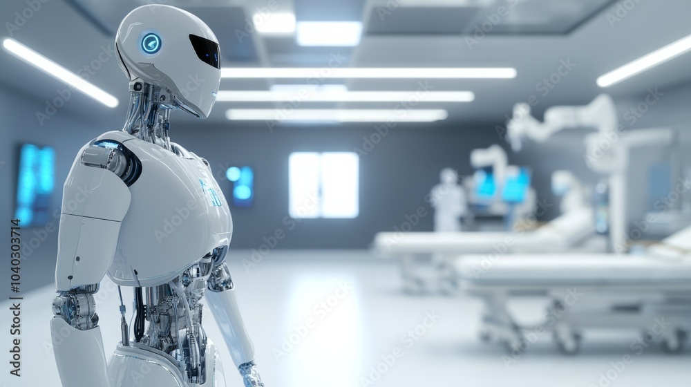 A robotic assistant performing maintenance in a sleek, futuristic hospital room, clean and high-tech medical environment A robotic assistant performing maintenance in a sleek, futuristic hospital room, clean and high-tech medical environment