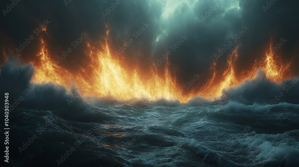 Fototapeta premium Preflood world described the Book of Enoch vast waters rising tides ancient humanity fleeing divine warnings in the sky intense dramatic scene