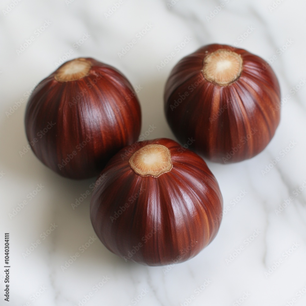 Three shiny, round, chestnut-like objects on a marble surface.