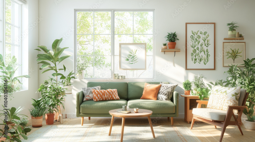 A bright and inviting living room features green sofa adorned with decorative pillows, surrounded by lush indoor plants. Natural light floods space, enhancing serene atmosphere