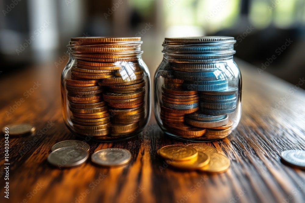 Double Jars of Coins on Wooden Surface in Warm Light Double Jars of Coins on Wooden Surface in Warm Light