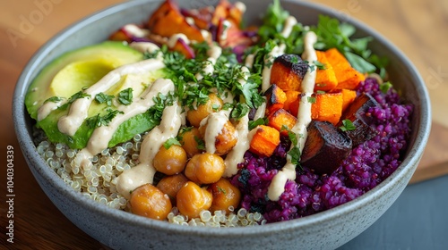 Colorful quinoa bowl with avocado, chickpeas & sweet potato