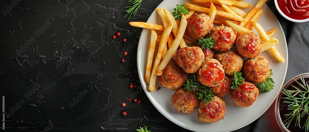 A serving tray filled with fried chicken meatballs, fries, lettuce and sauce is viewed from top isolated over a black setting and includes space for content, Generative AI.
