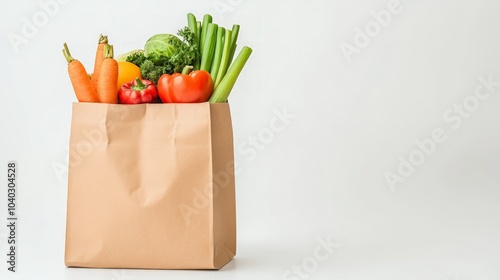 Fototapeta Naklejka Na Ścianę i Meble -  Fresh produce overflowing from a paper grocery bag, vibrant colors of fruits and vegetables creating a healthy and wholesome appeal, set against a clean white background