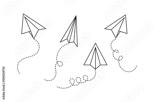 Handmade paper plane with trace dashed line. Travel, journey or vacation concept. Message or letter symbol. Delivery or destination sign isolted on white background. Vector outline illustration. 