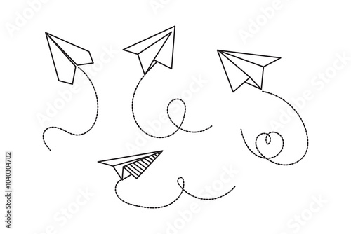 Handmade paper plane with trace dashed line. Travel, journey or vacation concept. Message or letter symbol. Delivery or destination sign isolted on white background. Vector outline illustration. 