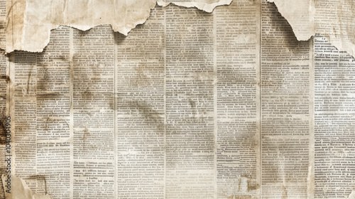 Antique newspaper texture with grunge details, faded and weathered with torn edges and worn creases, creating an old, nostalgic feel for backgrounds photo