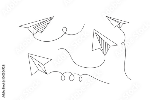 Handmade paper plane with trace dashed line. Travel, journey or vacation concept. Message or letter symbol. Delivery or destination sign isolted on white background. Vector outline illustration. 