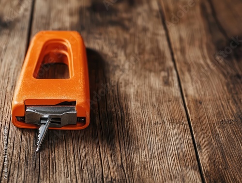 Construction stapler on a wooden plank, rapidaction tool for securing materials photo