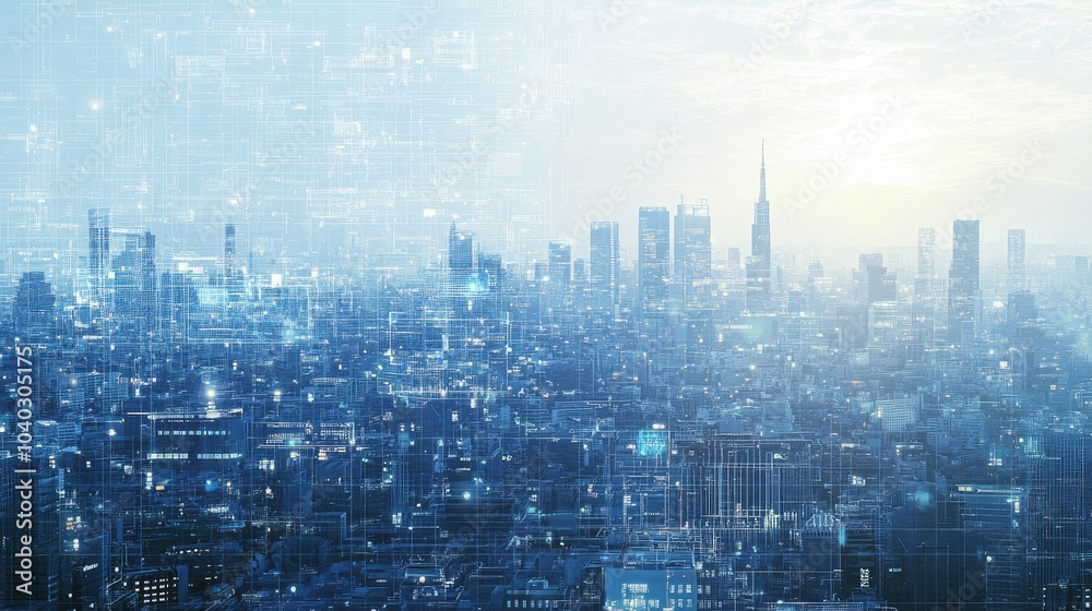 Futuristic cityscape with digital blueprints overlay Futuristic cityscape with digital blueprints overlay
