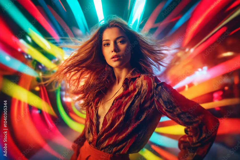 Naklejka premium A woman poses against a backdrop of bright colorful light beams