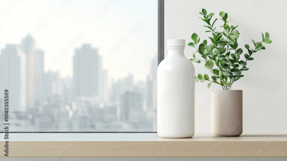 A minimalist interior scene featuring white bottle and potted plant on windowsill, with blurred city skyline in background. serene atmosphere evokes sense of calm and tranquility A minimalist interior scene featuring white bottle and potted plant on windowsill, with blurred city skyline in background. serene atmosphere evokes sense of calm and tranquility