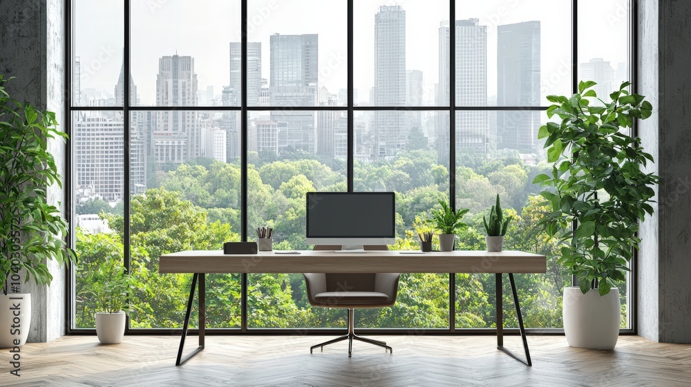 A large window office with a desk and a computer monitor
