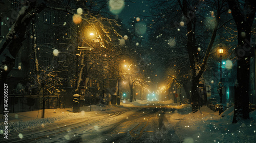 Snowy night scene, street lights bright.