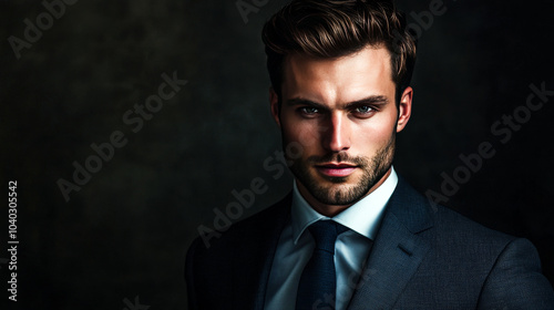 Handsome Model in Black Suit Studio Portrait